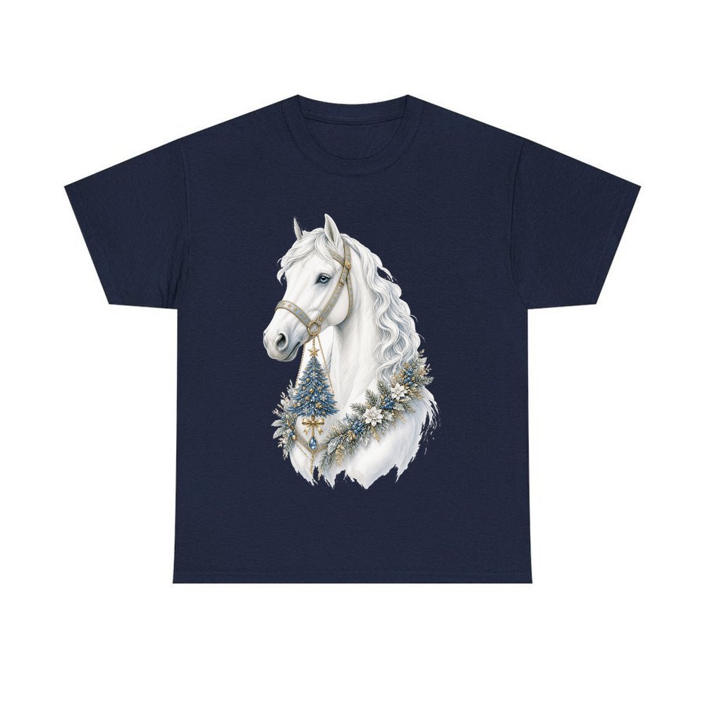 White Christmas Horse Portrait personalised Christmas T-shirt in navy