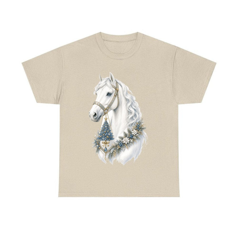 White Christmas Horse Portrait personalised Christmas T-shirt in sand