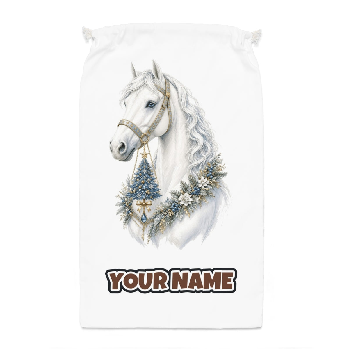 White Christmas Horse Portrait Santa sack laid flat, showing the full print