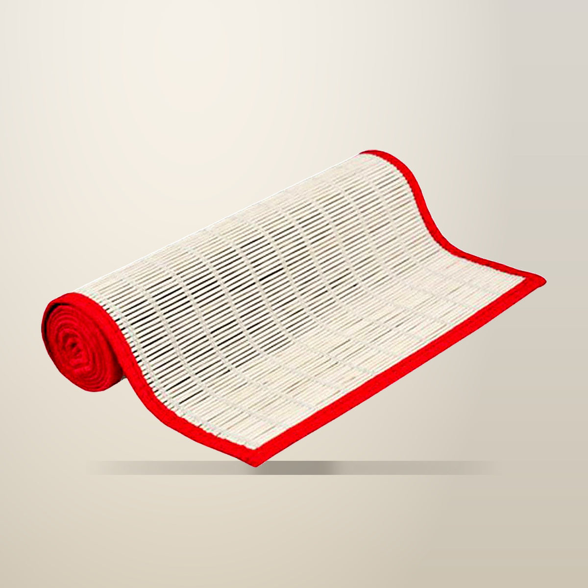Bamboo Table Runner, White with Red Border, 140 x 33 cm, on a plain cream background