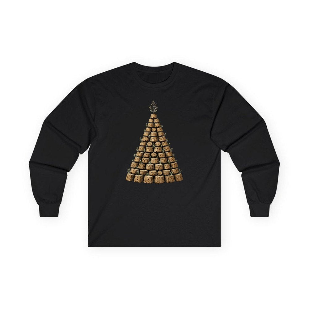 Wine Cork Christmas Tree personalised long sleeve Christmas T-shirt in black