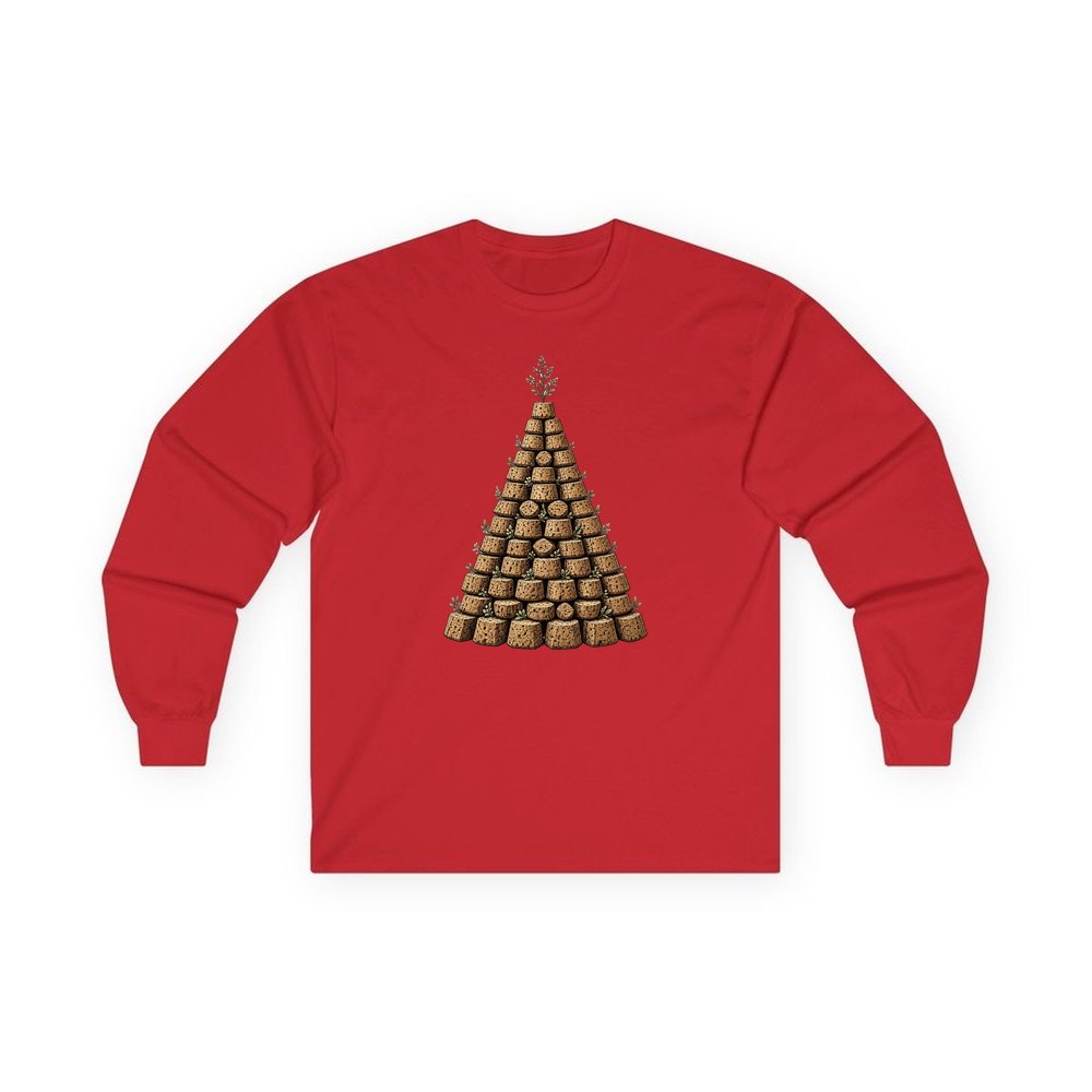 Wine Cork Christmas Tree personalised long sleeve Christmas T-shirt in red