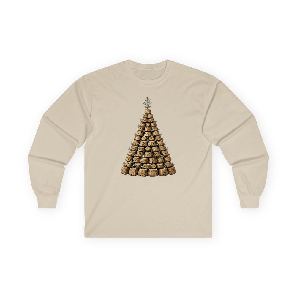 Wine Cork Christmas Tree personalised long sleeve Christmas T-shirt in sand