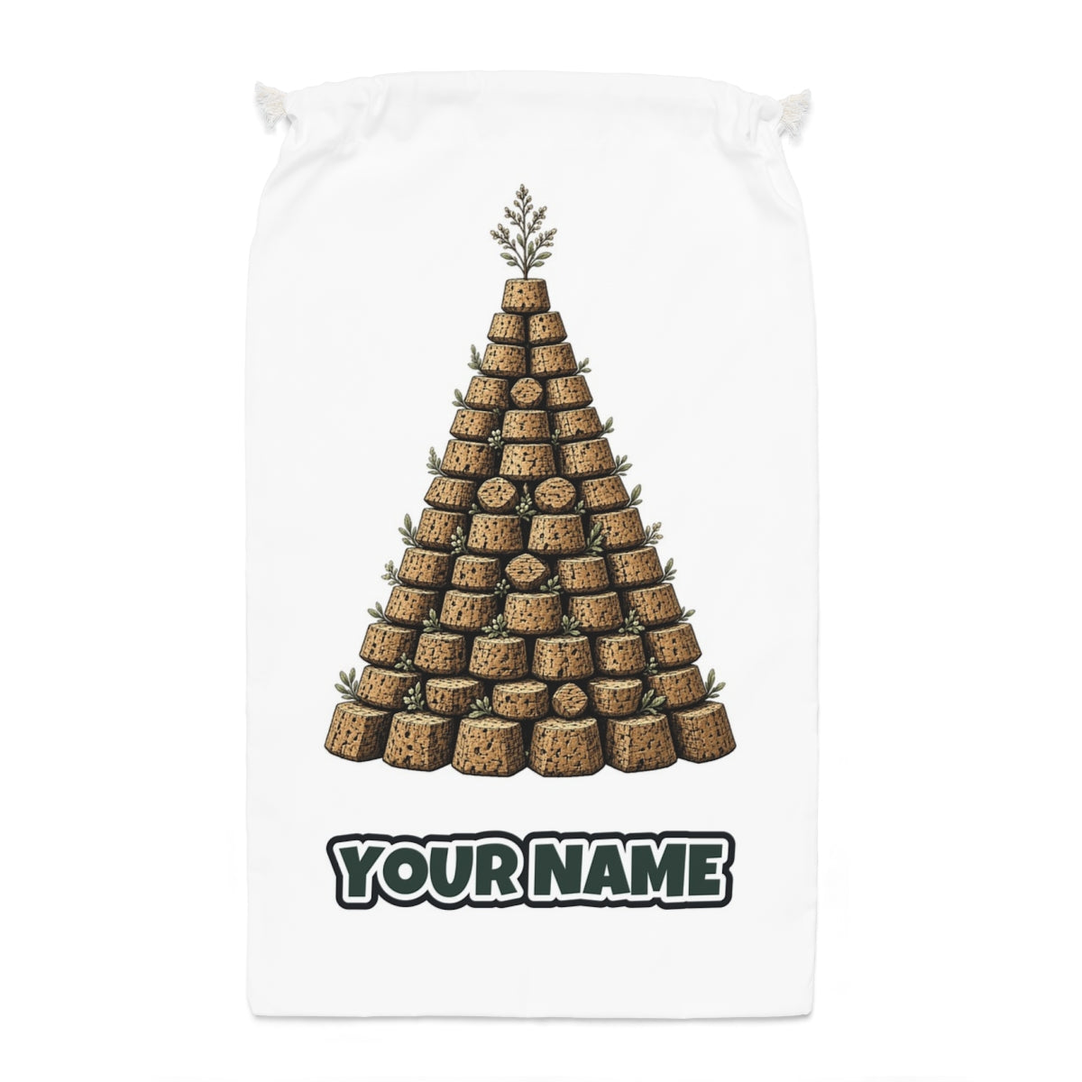 Wine Cork Christmas Tree Santa sack laid flat, showing the full print