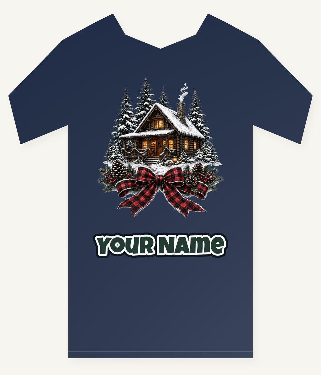 Winter Cabin with Tartan Bow Personalised Kids Tee and Baby Bodysuit