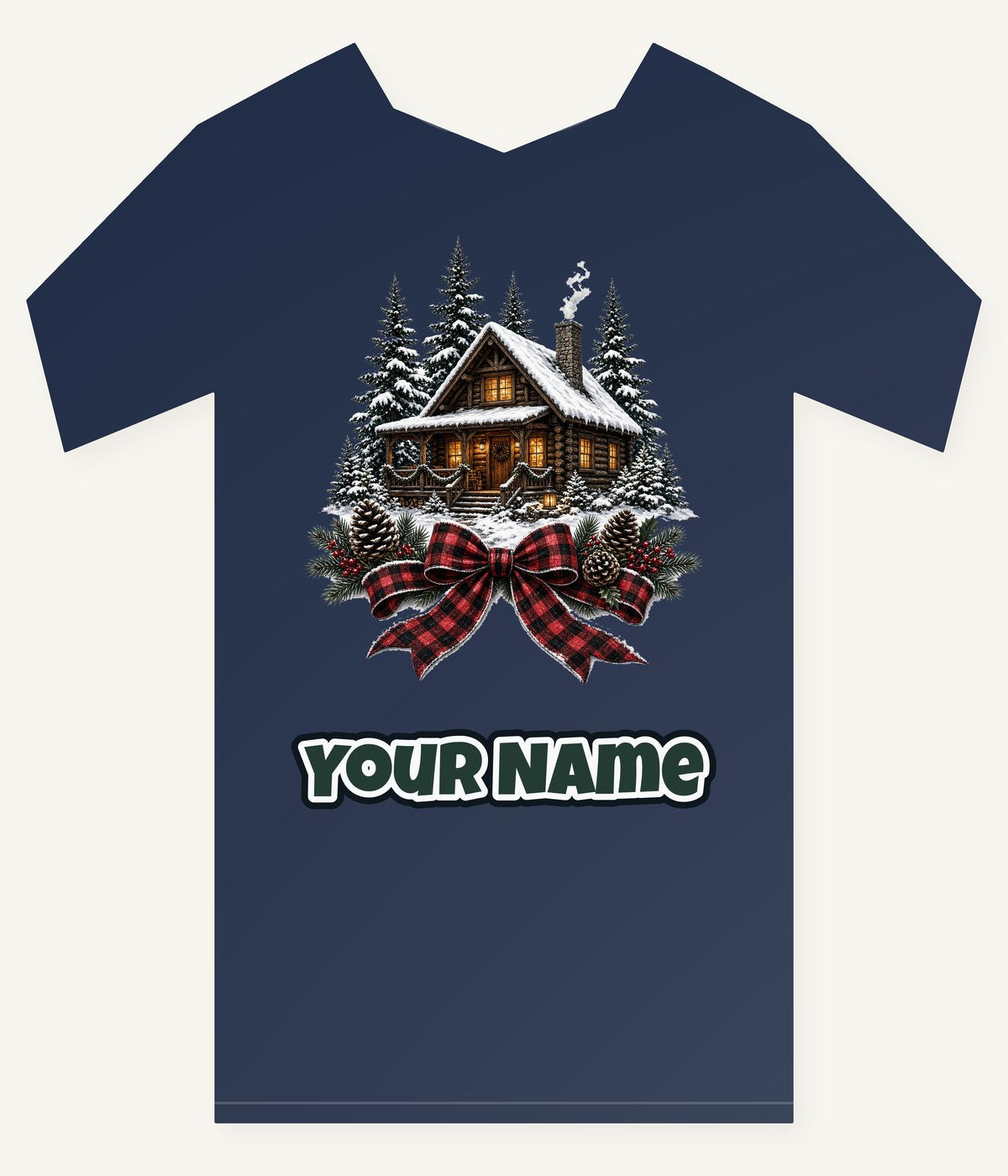 Winter Cabin with Tartan Bow Personalised Kids Tee and Baby Bodysuit