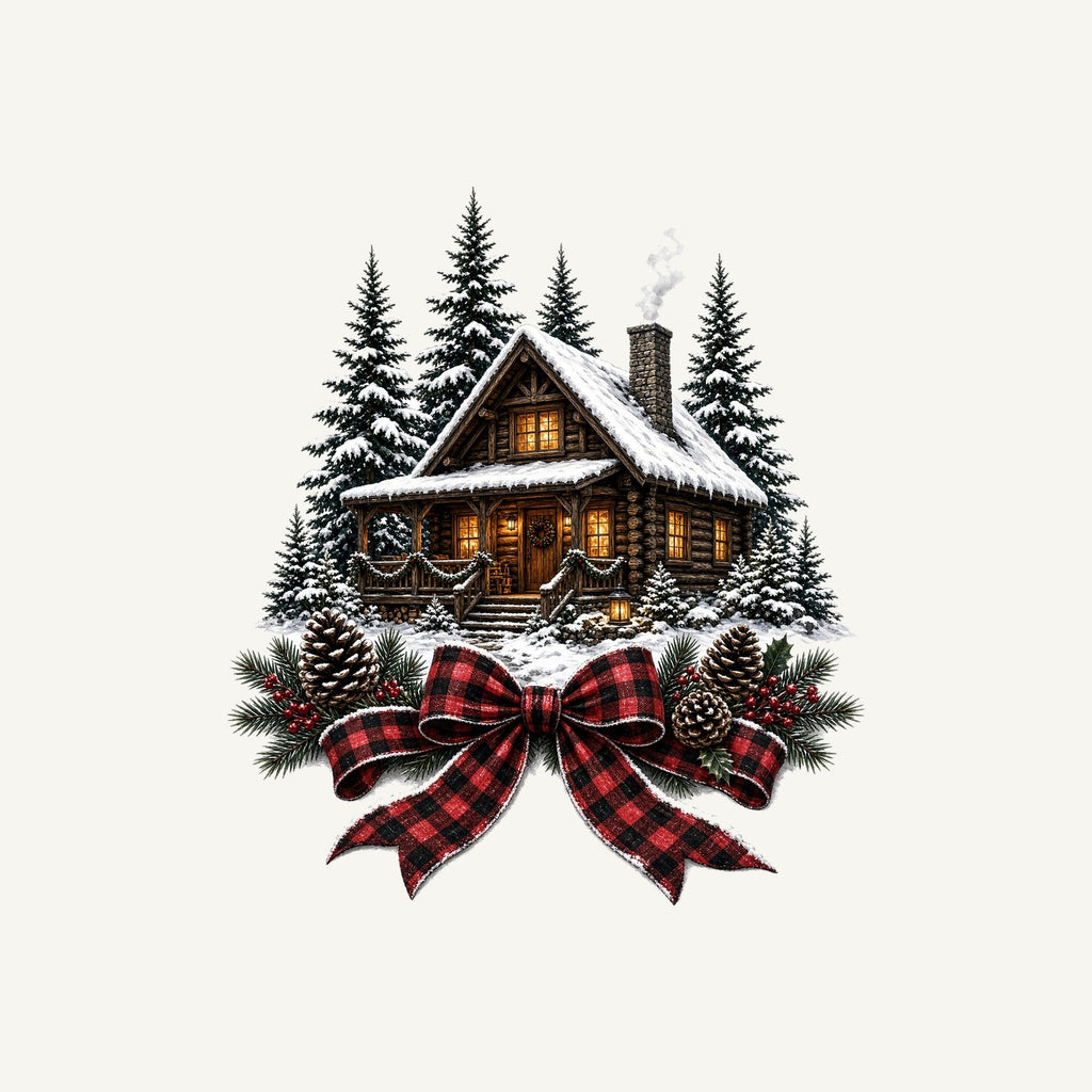 Winter Cabin with Tartan Bow Personalised Kids Tee and Baby Bodysuit