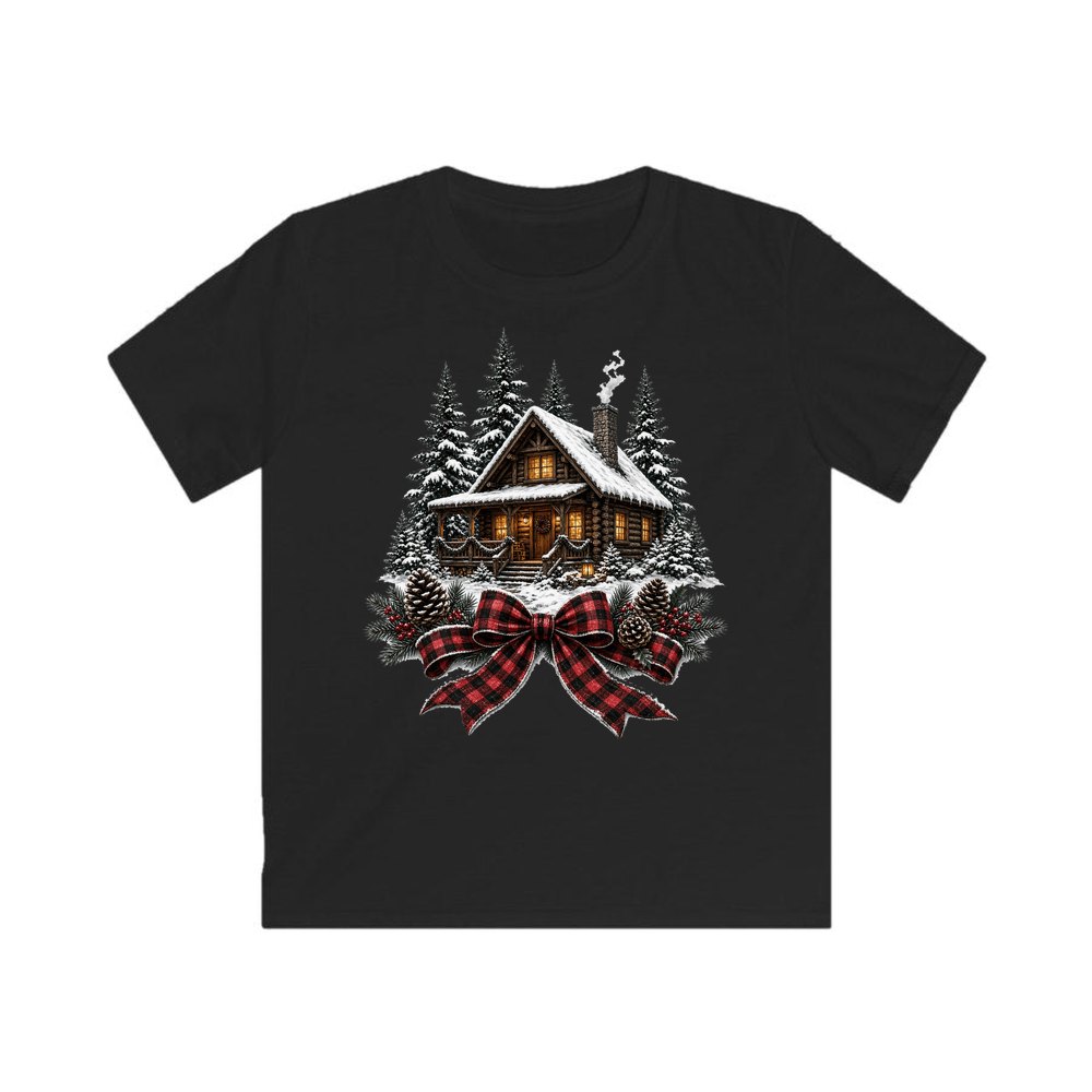 Winter Cabin with Tartan Bow personalised kids Christmas tee in black
