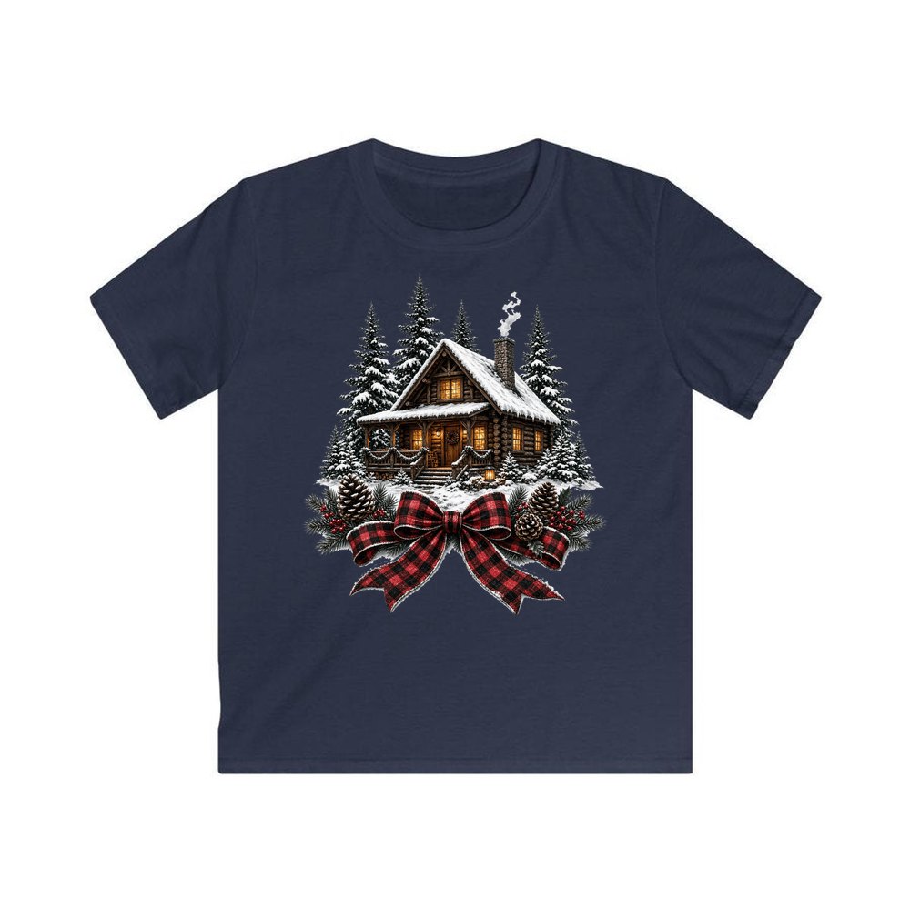Winter Cabin with Tartan Bow personalised kids Christmas tee in navy