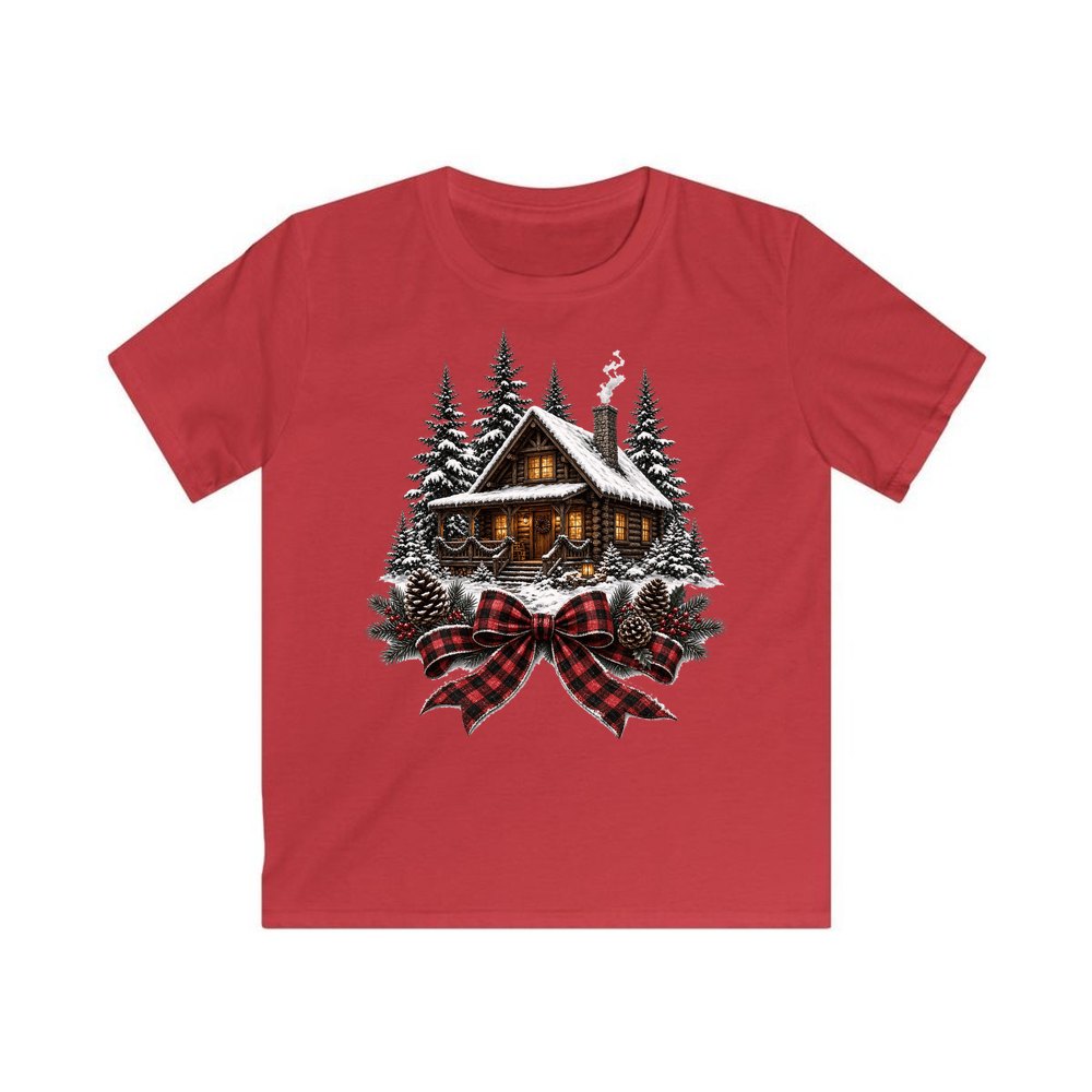 Winter Cabin with Tartan Bow personalised kids Christmas tee in red