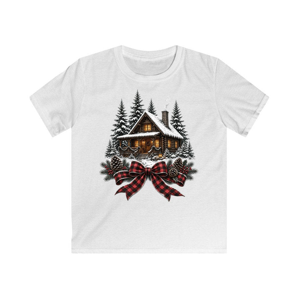 Winter Cabin with Tartan Bow personalised kids Christmas tee in white