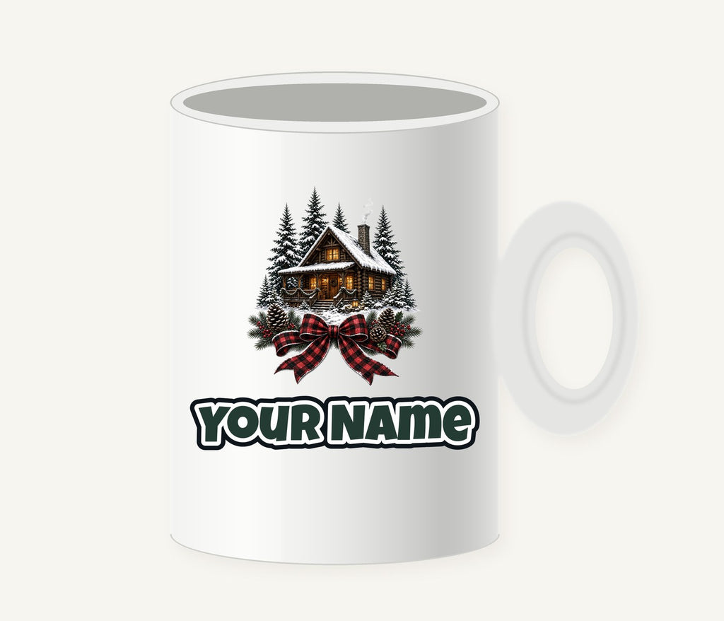 Winter Cabin with Tartan Bow Personalised Christmas Mug