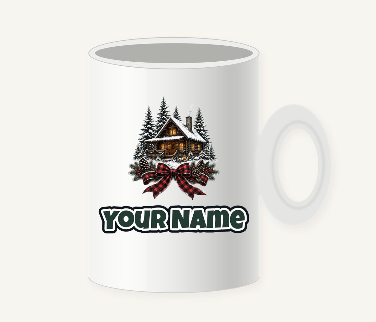 Winter Cabin with Tartan Bow Personalised Christmas Mug