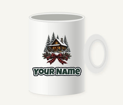 Winter Cabin with Tartan Bow Personalised Christmas Mug