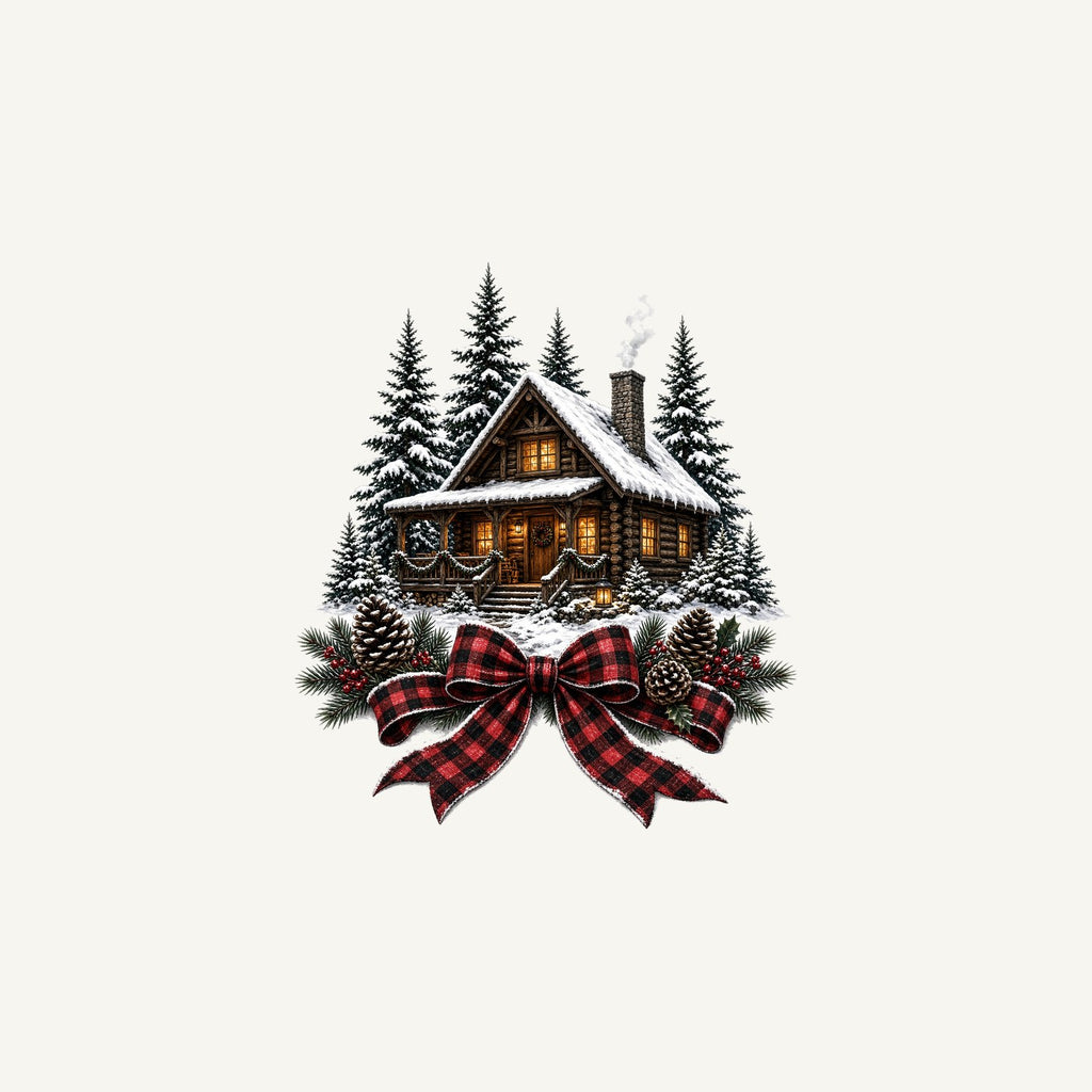 Winter Cabin with Tartan Bow Personalised Christmas Mug
