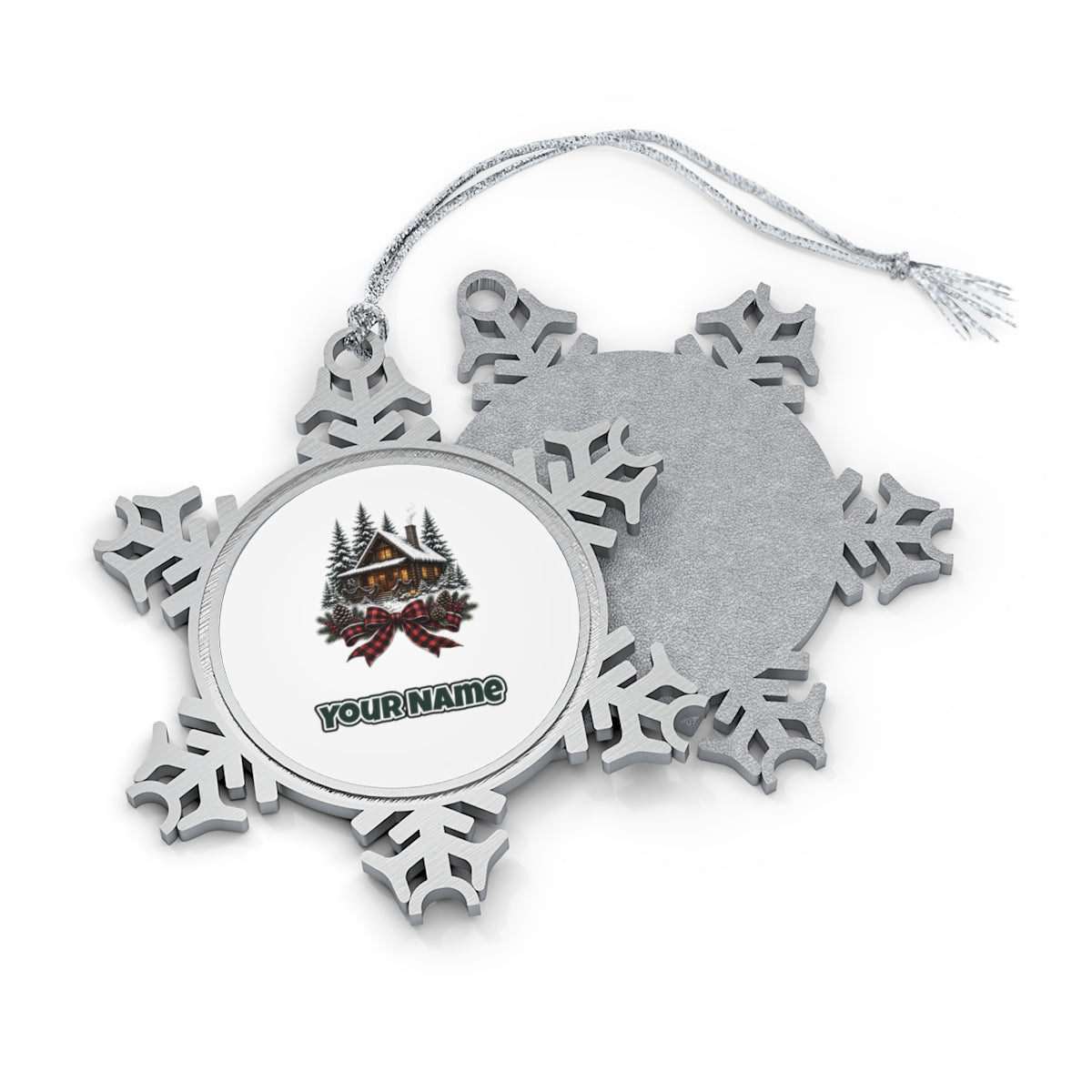 Winter Cabin with Tartan Bow Personalised Pewter Christmas Ornament
