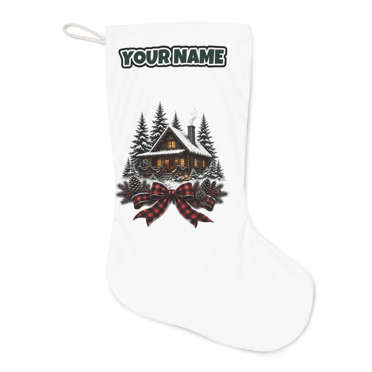 Winter Cabin with Tartan Bow Christmas stocking laid flat, showing the full print