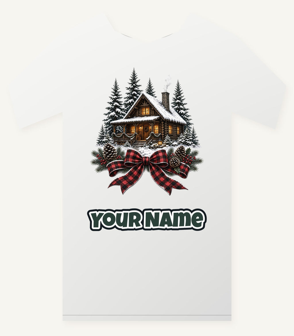 Winter Cabin with Tartan Bow Personalised Christmas T-Shirt and Hoodie