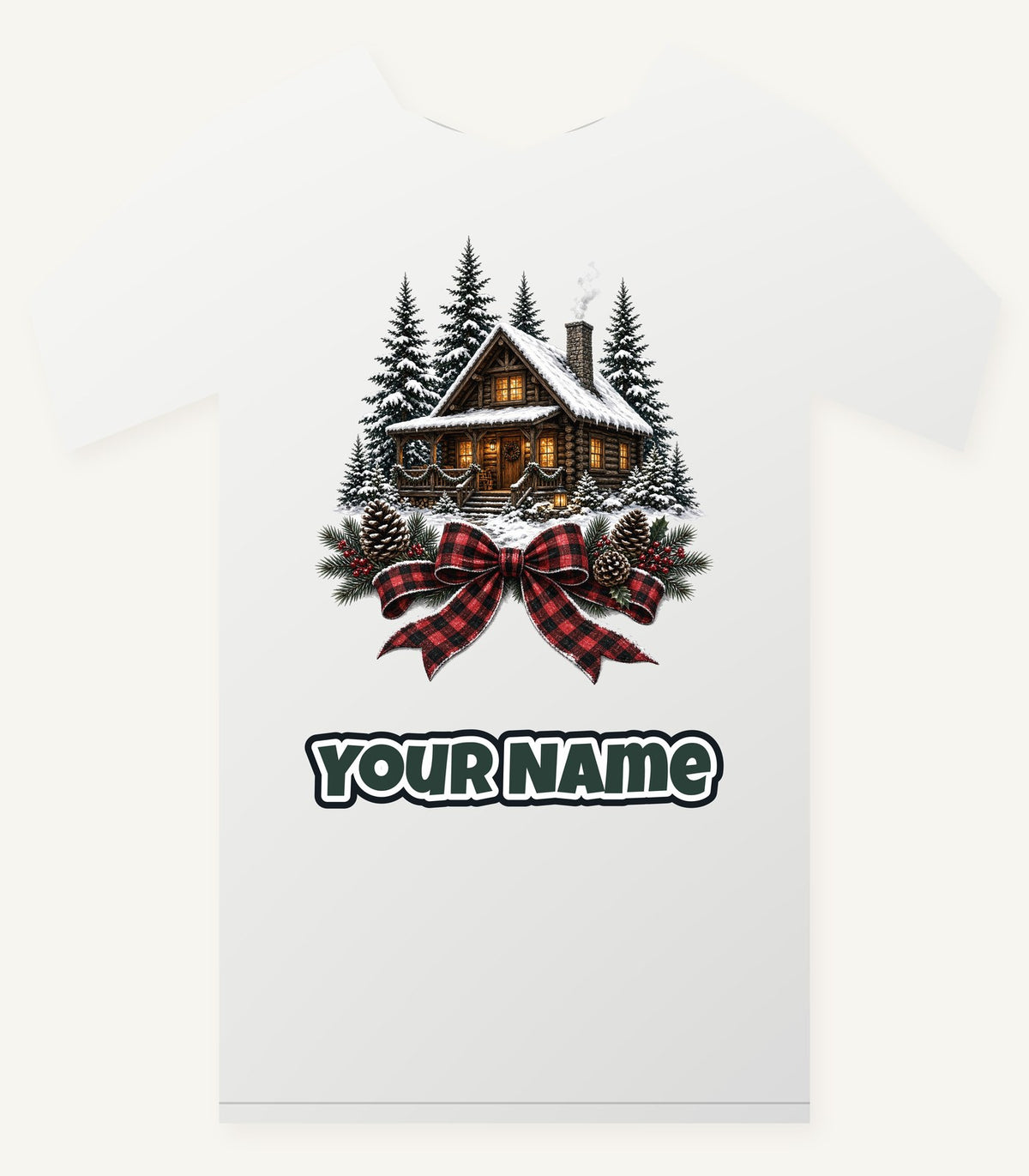 Winter Cabin with Tartan Bow Personalised Christmas T-Shirt and Hoodie