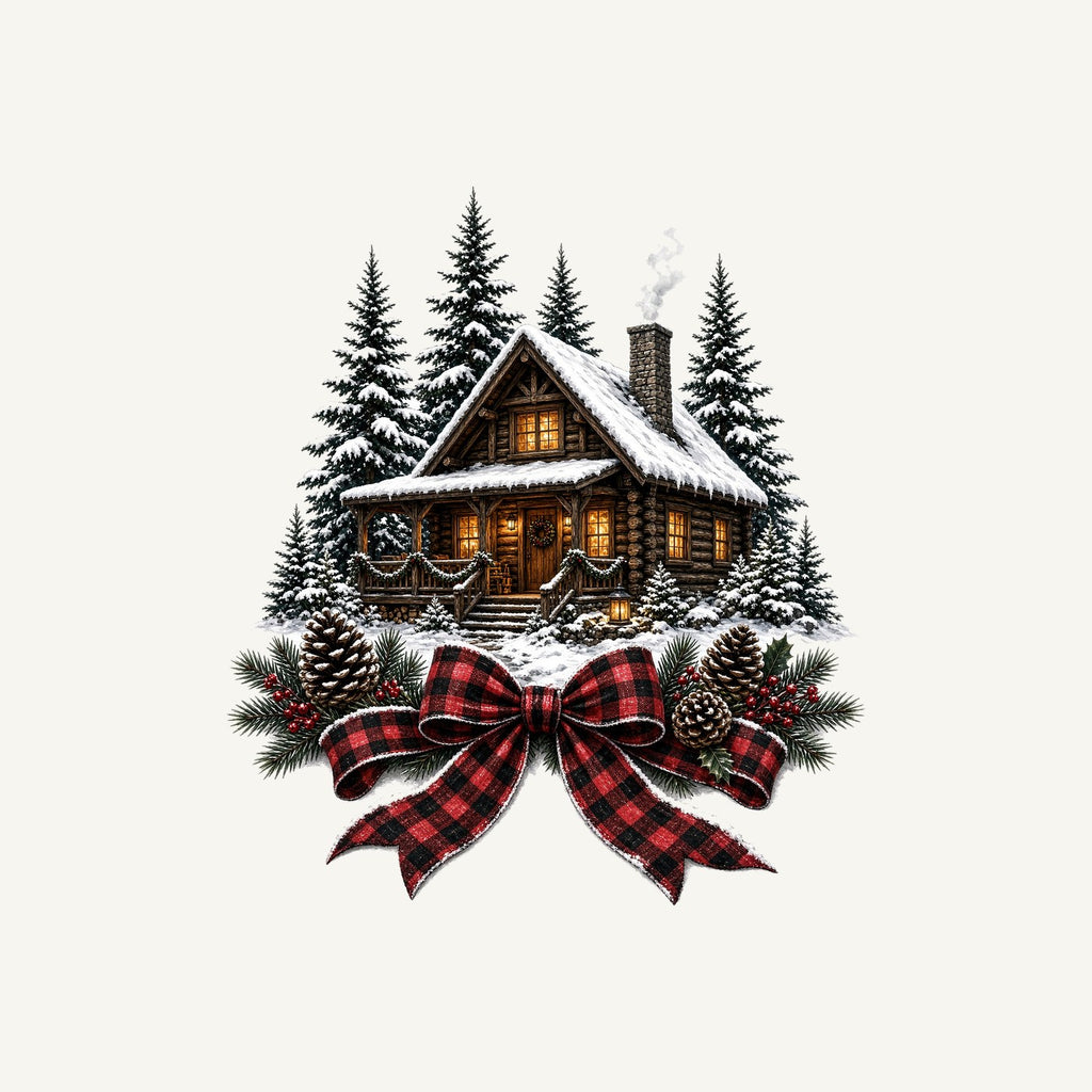 Winter Cabin with Tartan Bow Personalised Christmas T-Shirt and Hoodie