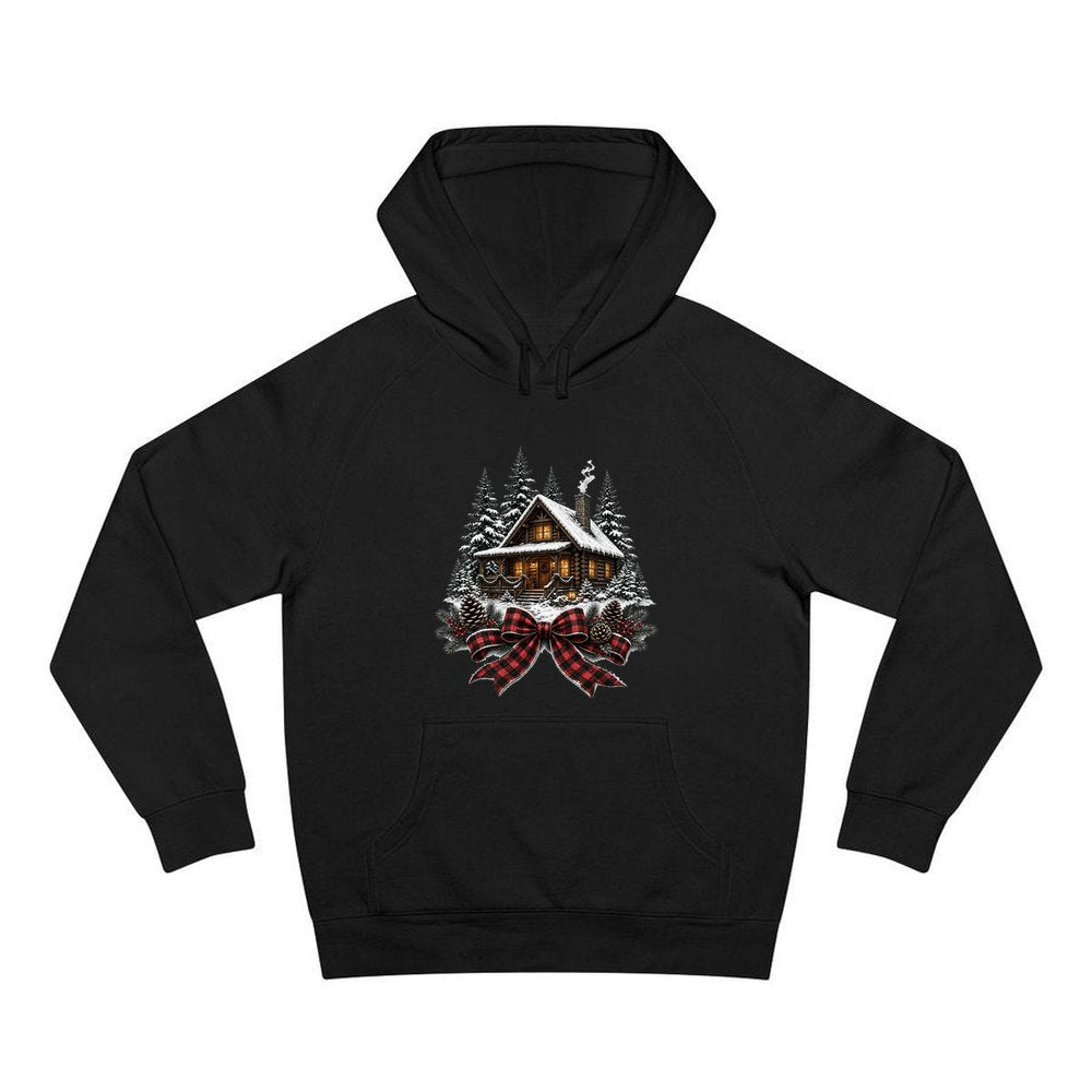 Winter Cabin with Tartan Bow personalised Christmas hoodie in black