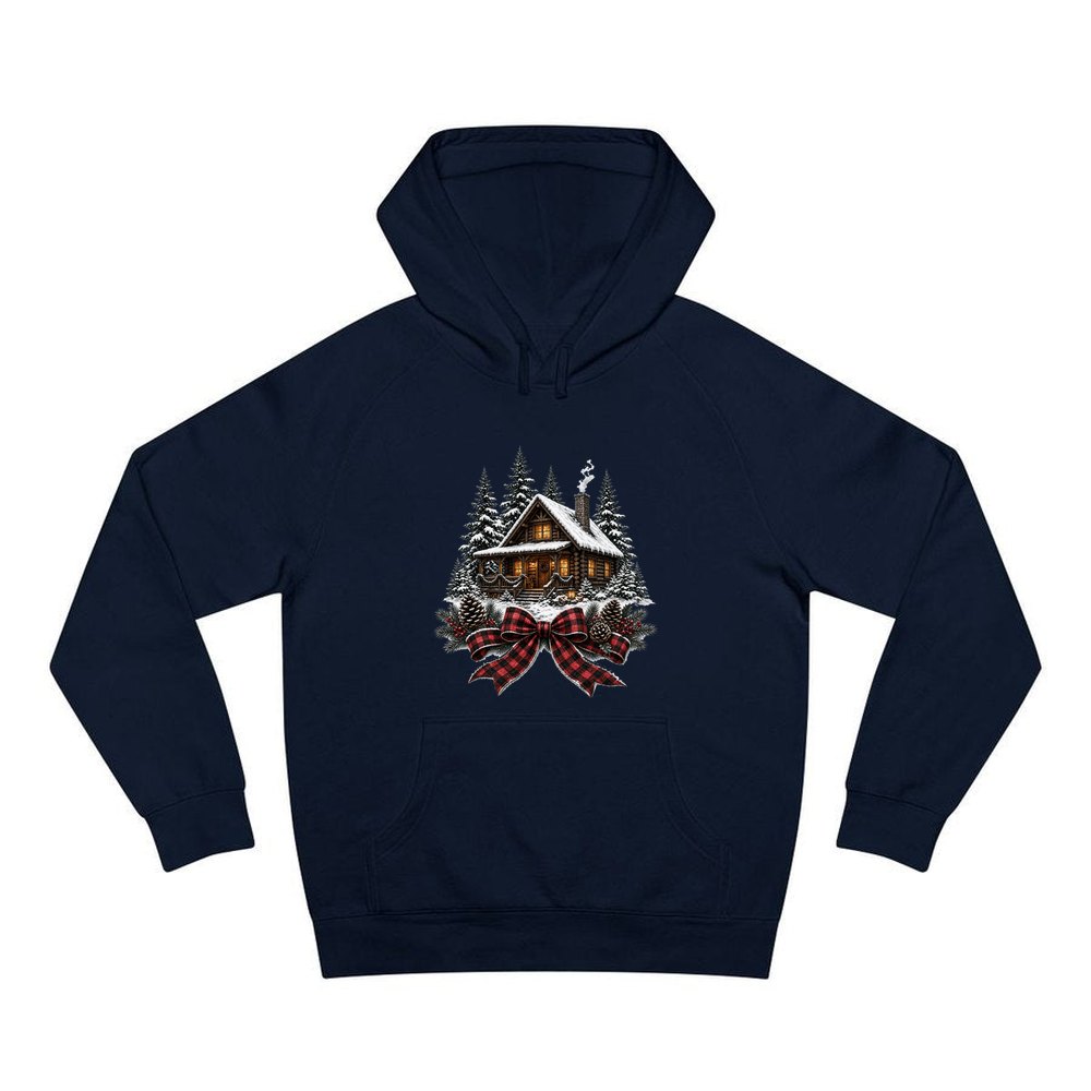 Winter Cabin with Tartan Bow personalised Christmas hoodie in navy