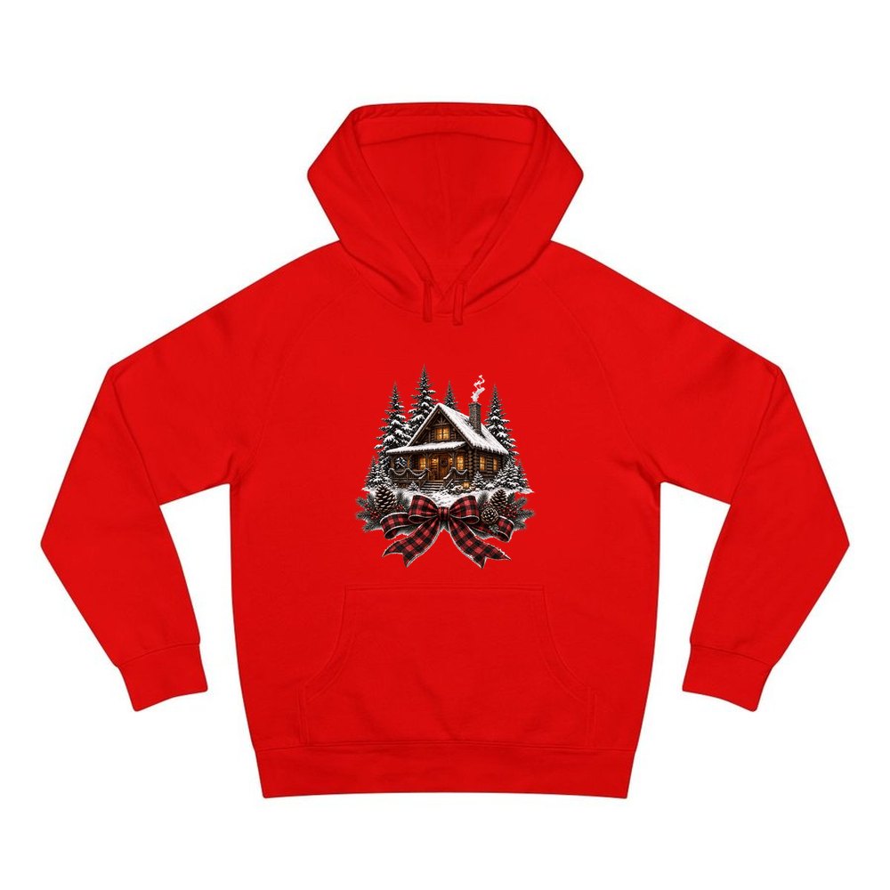 Winter Cabin with Tartan Bow personalised Christmas hoodie in red
