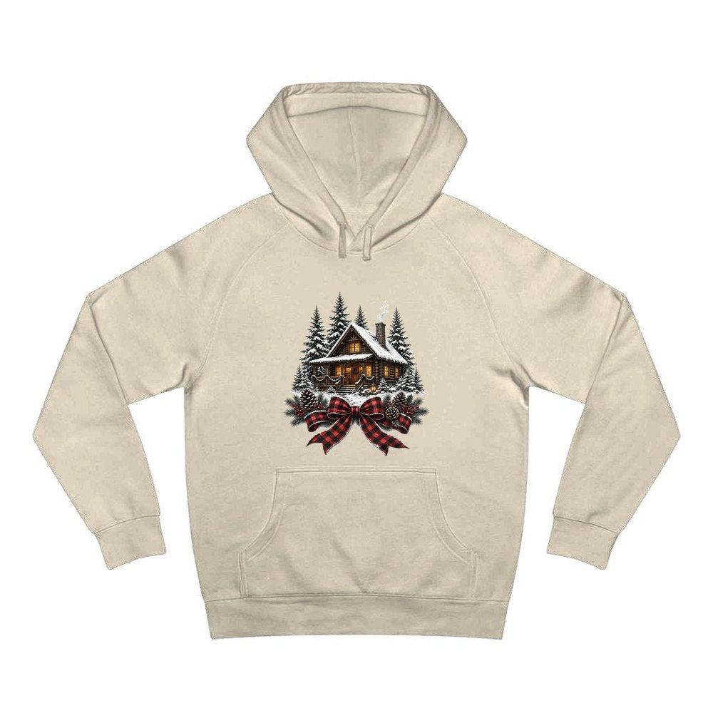 Winter Cabin with Tartan Bow personalised Christmas hoodie in sand