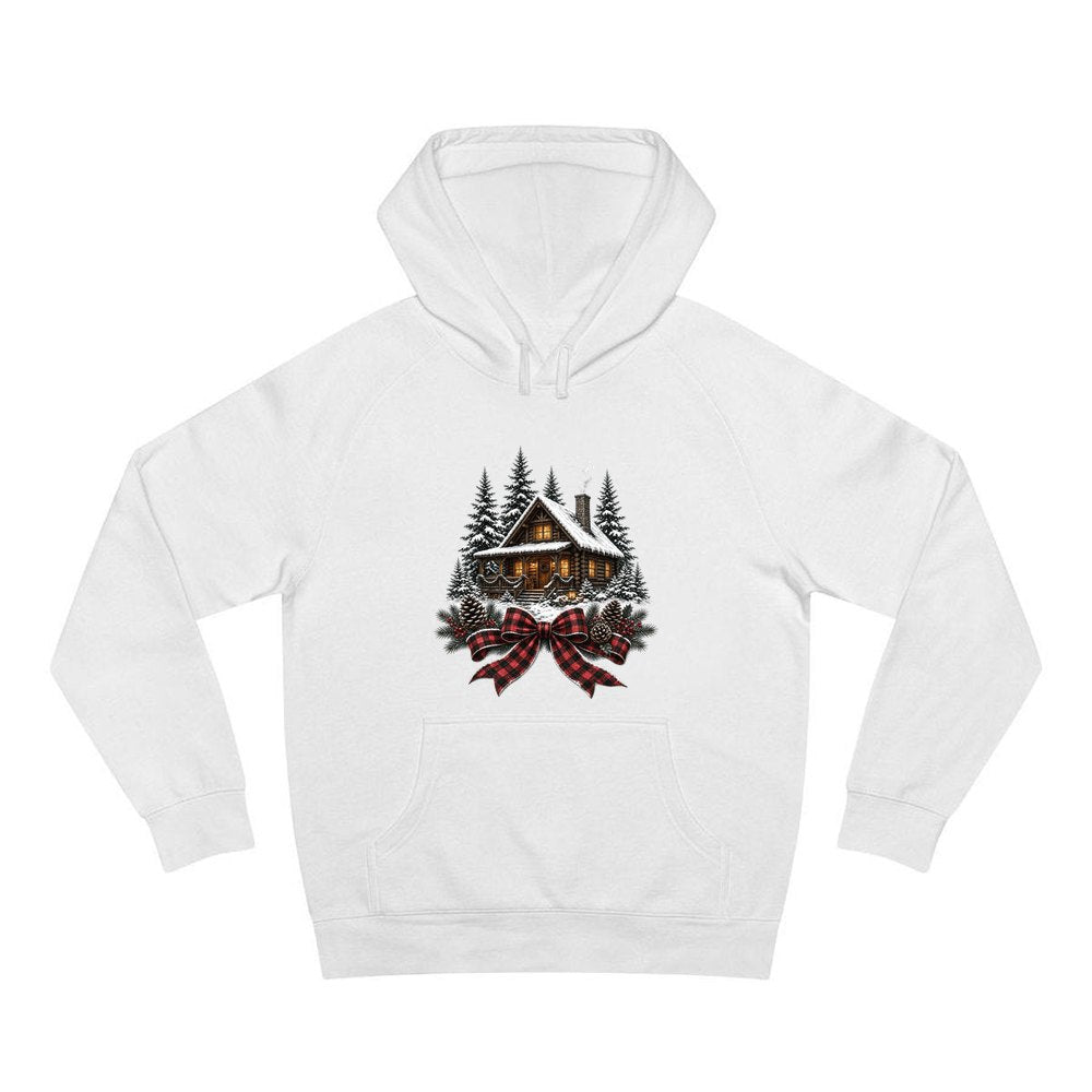 Winter Cabin with Tartan Bow personalised Christmas hoodie in white