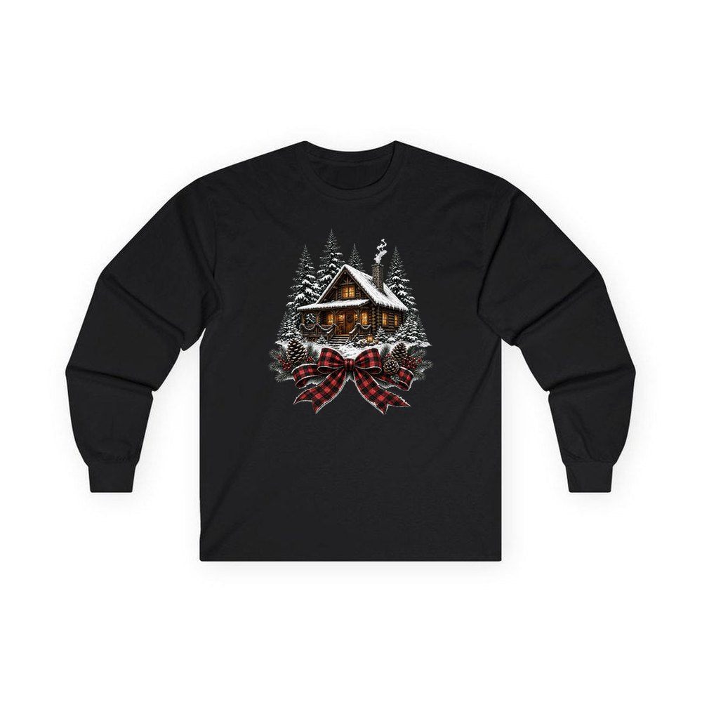 Winter Cabin with Tartan Bow personalised long sleeve Christmas T-shirt in black
