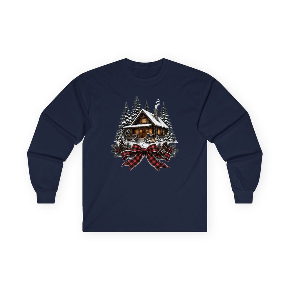 Winter Cabin with Tartan Bow personalised long sleeve Christmas T-shirt in navy