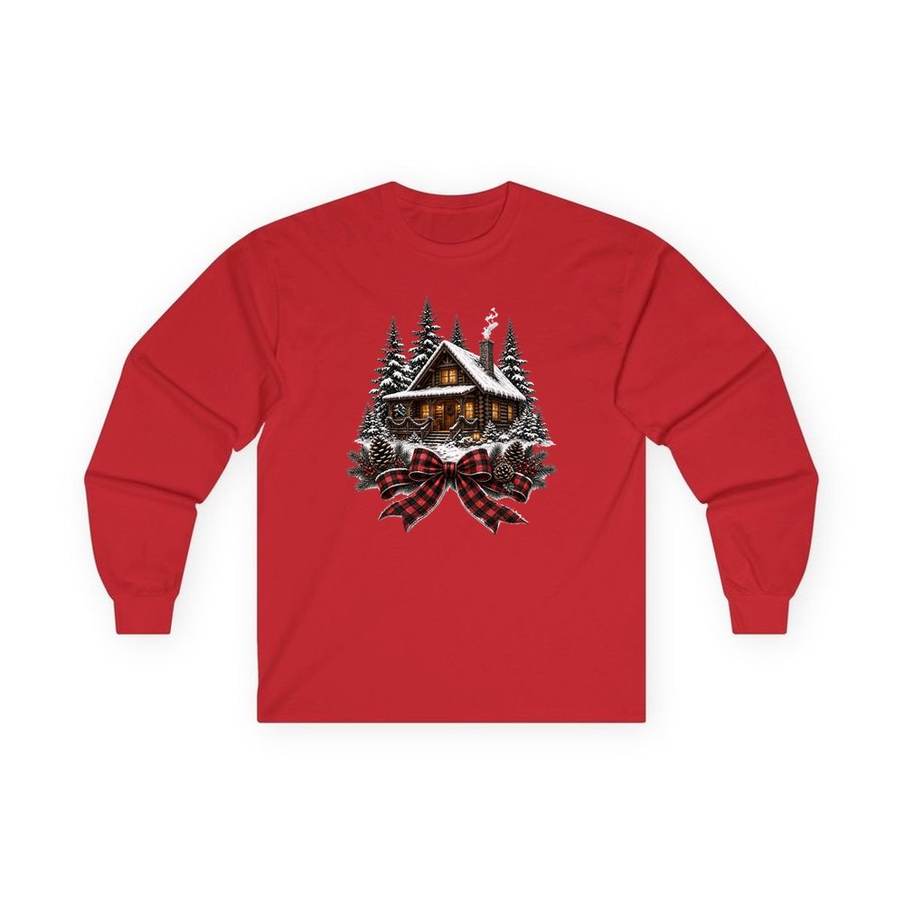 Winter Cabin with Tartan Bow personalised long sleeve Christmas T-shirt in red