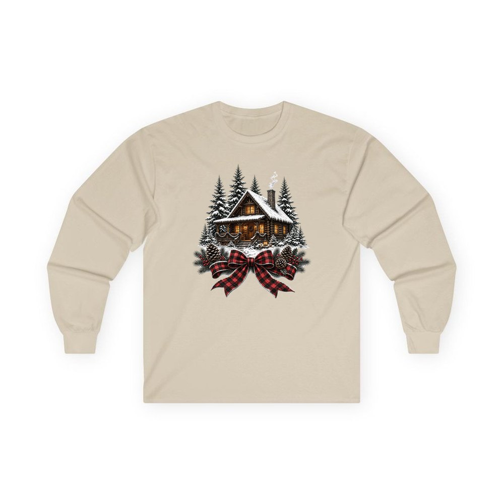 Winter Cabin with Tartan Bow personalised long sleeve Christmas T-shirt in sand