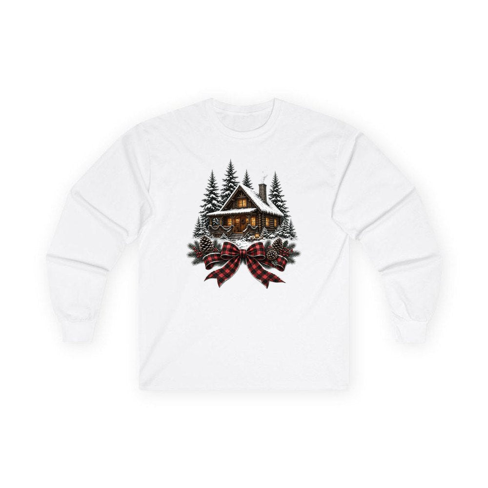 Winter Cabin with Tartan Bow personalised long sleeve Christmas T-shirt in white