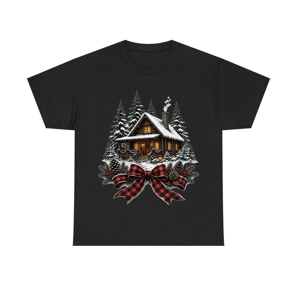 Winter Cabin with Tartan Bow personalised Christmas T-shirt in black