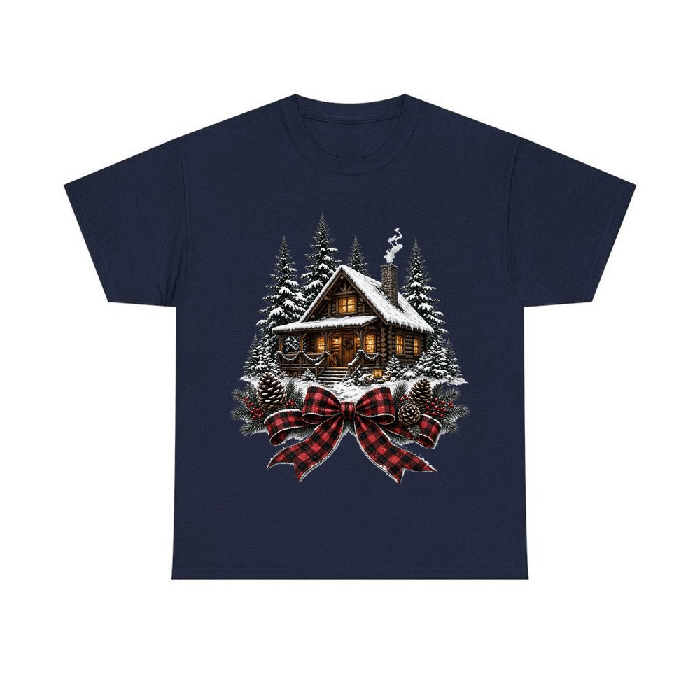 Winter Cabin with Tartan Bow personalised Christmas T-shirt in navy