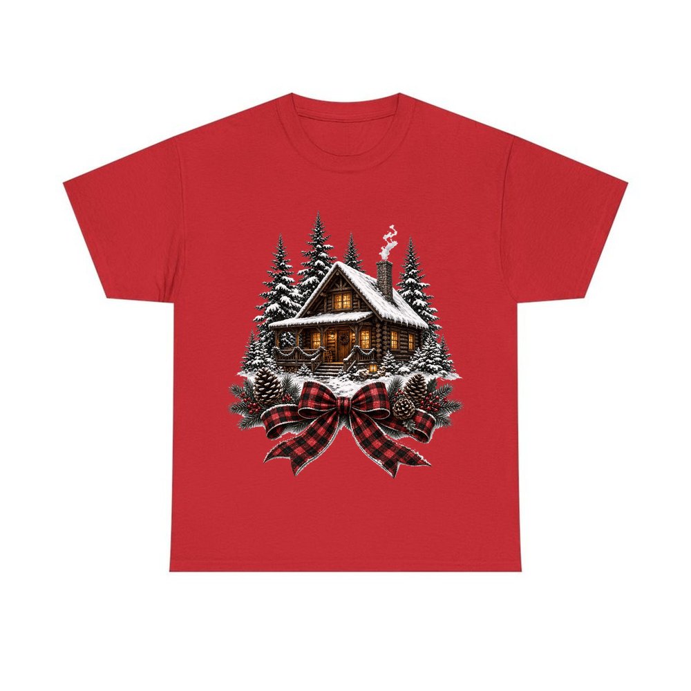 Winter Cabin with Tartan Bow personalised Christmas T-shirt in red