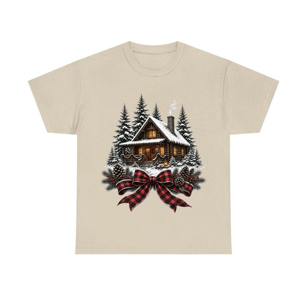 Winter Cabin with Tartan Bow personalised Christmas T-shirt in sand