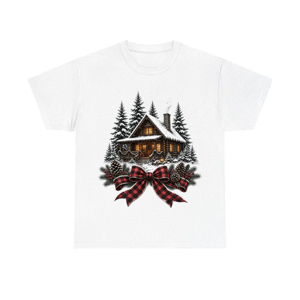 Winter Cabin with Tartan Bow personalised Christmas T-shirt in white