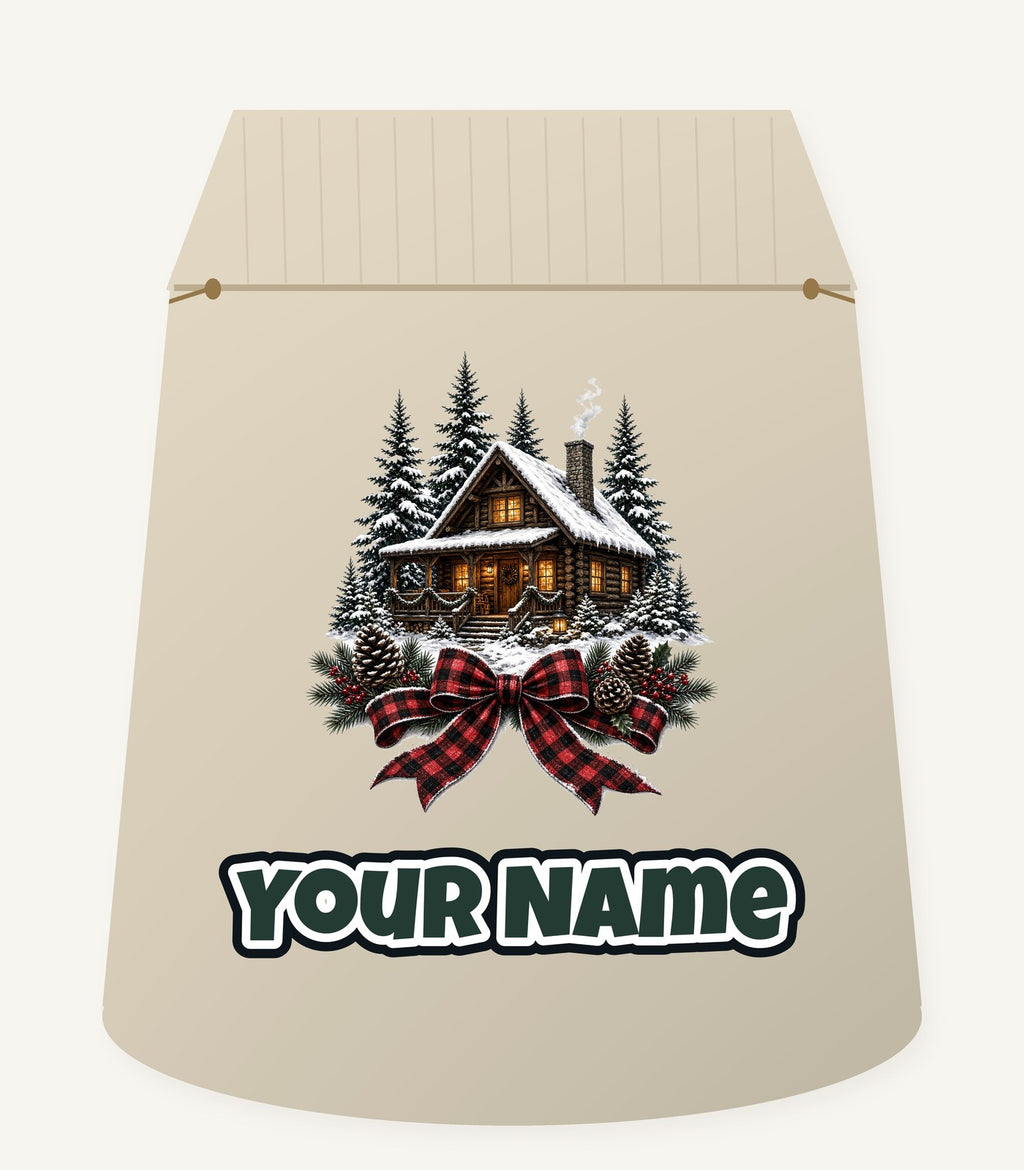 Winter Cabin with Tartan Bow Personalised Santa Sack