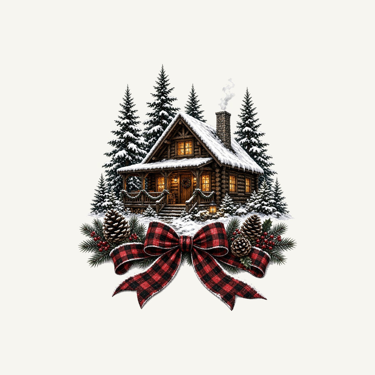 Winter Cabin with Tartan Bow Personalised Santa Sack