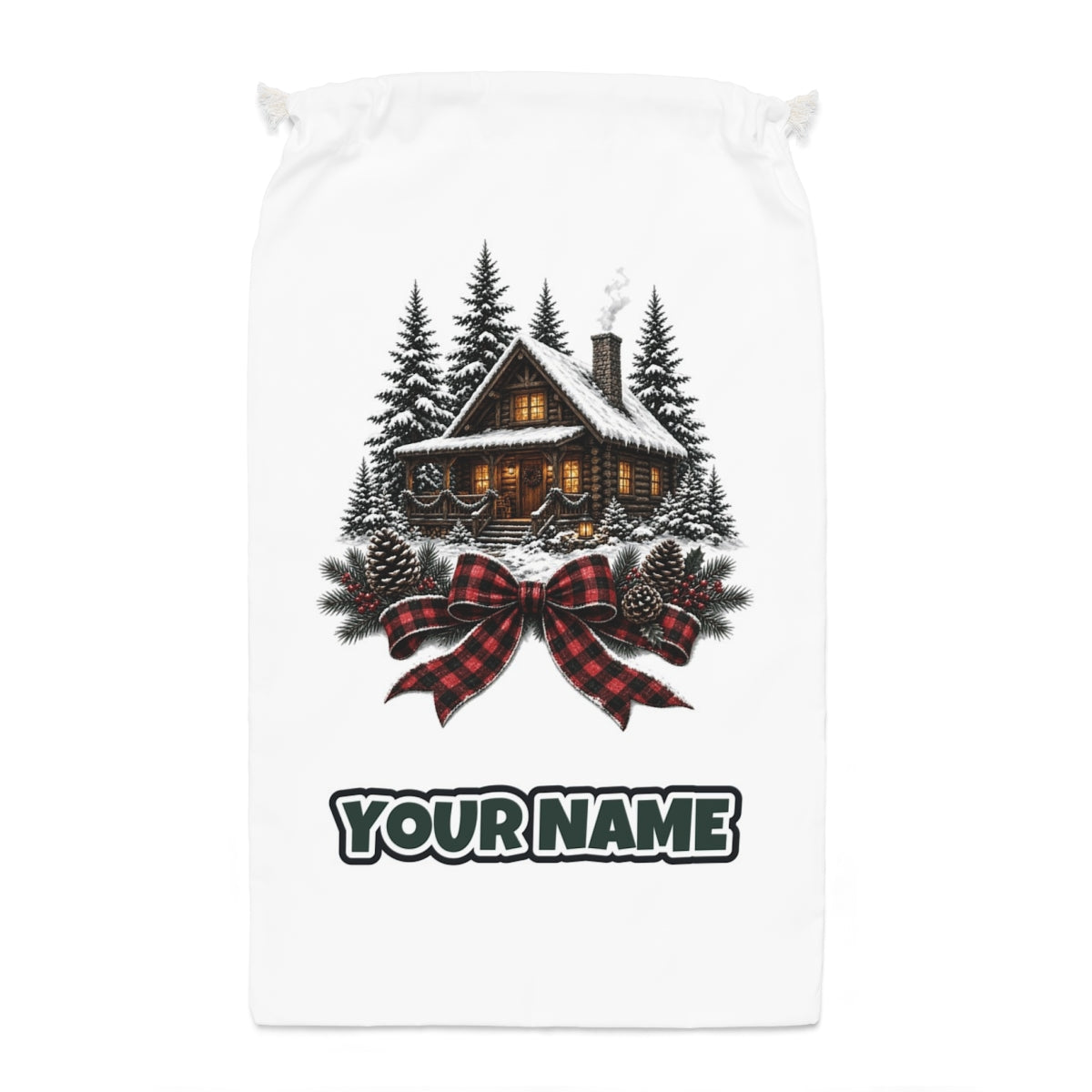 Winter Cabin with Tartan Bow Santa sack laid flat, showing the full print