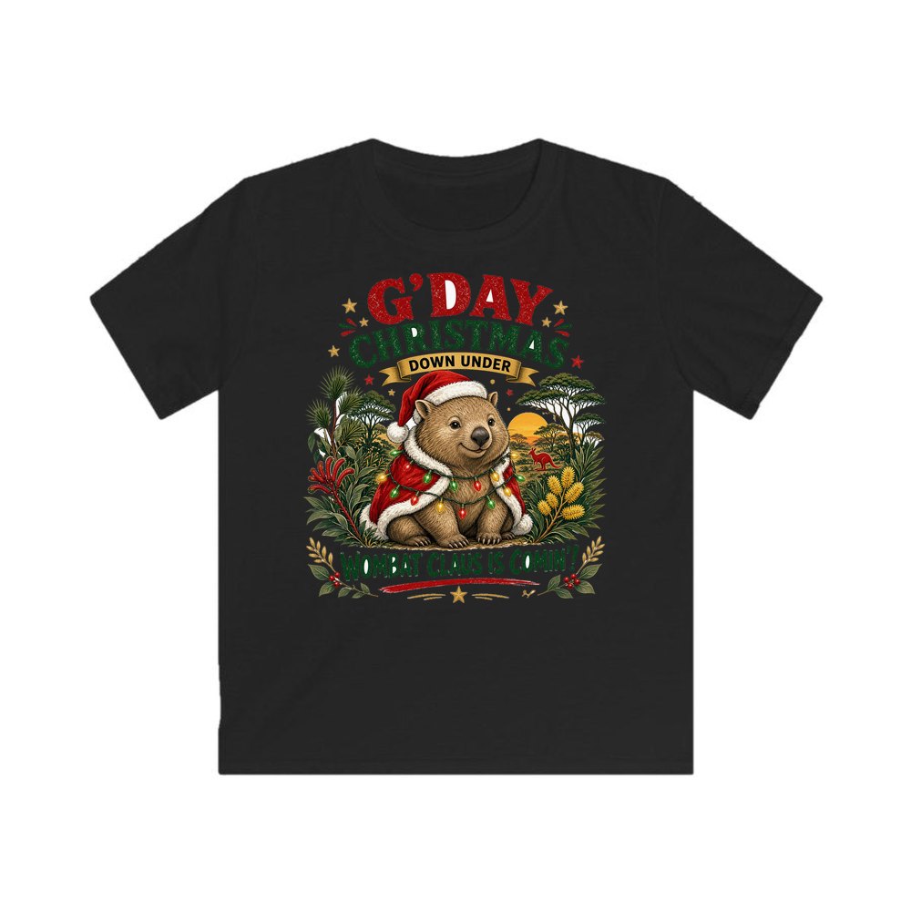 Wombat Claus Down Under personalised kids Christmas tee in black