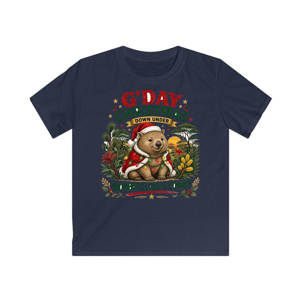 Wombat Claus Down Under personalised kids Christmas tee in navy