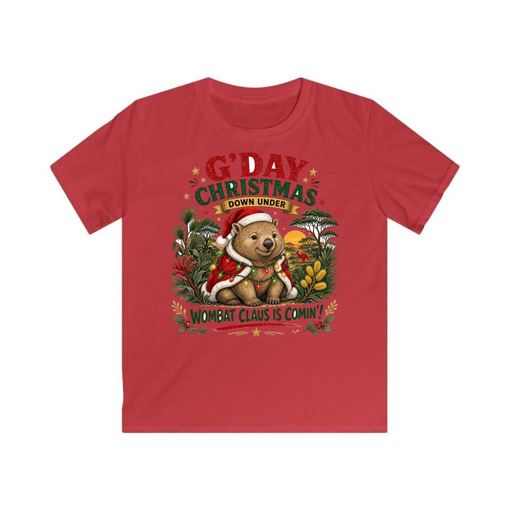 Wombat Claus Down Under personalised kids Christmas tee in red