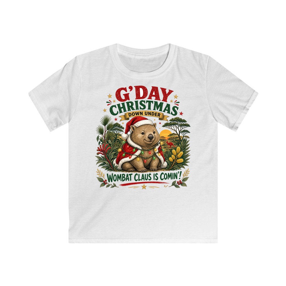 Wombat Claus Down Under personalised kids Christmas tee in white