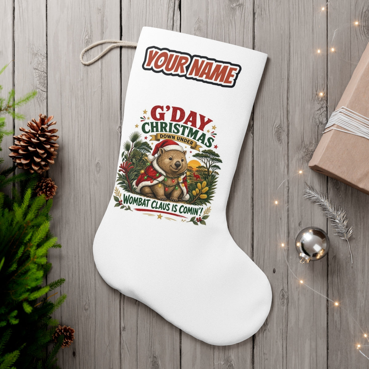 Wombat Claus Down Under personalised Christmas stocking, white, with the name across the top