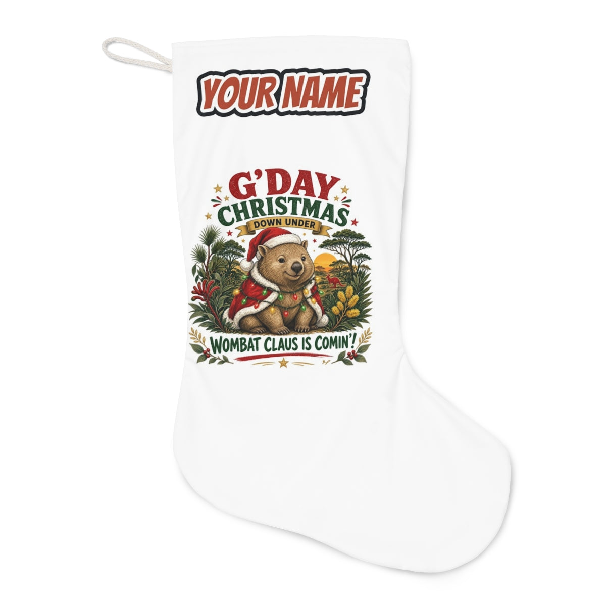 Wombat Claus Down Under Christmas stocking laid flat, showing the full print