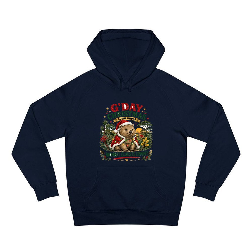 Wombat Claus Down Under personalised Christmas hoodie in navy