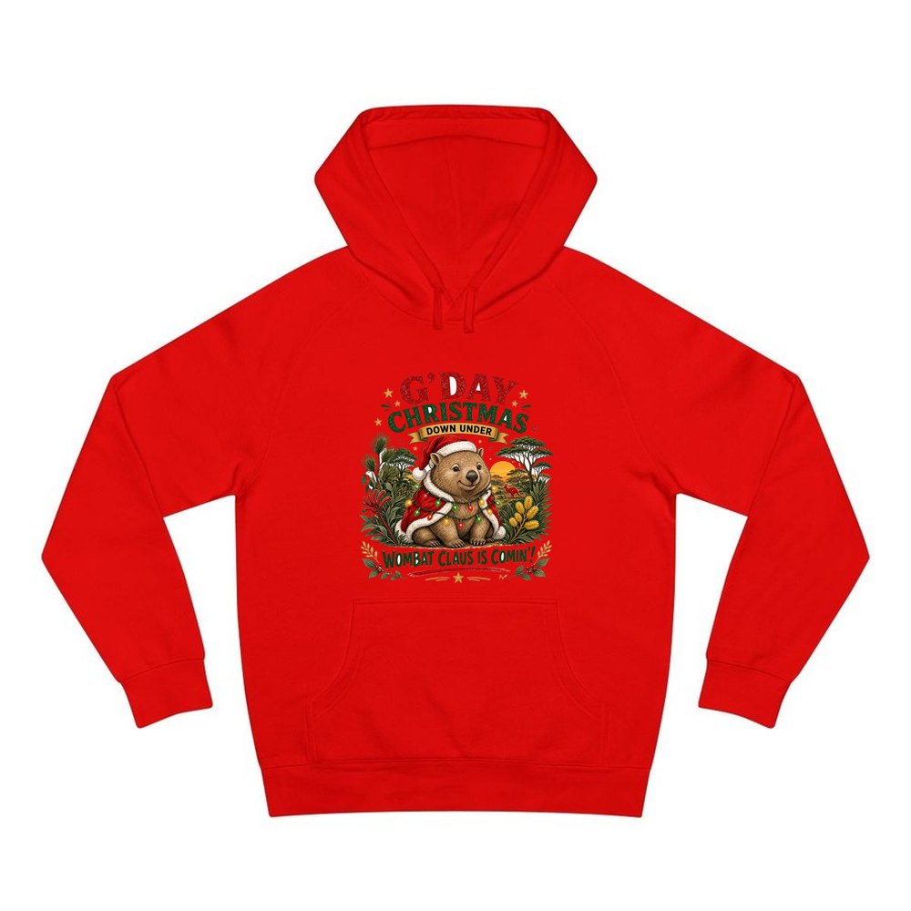 Wombat Claus Down Under personalised Christmas hoodie in red